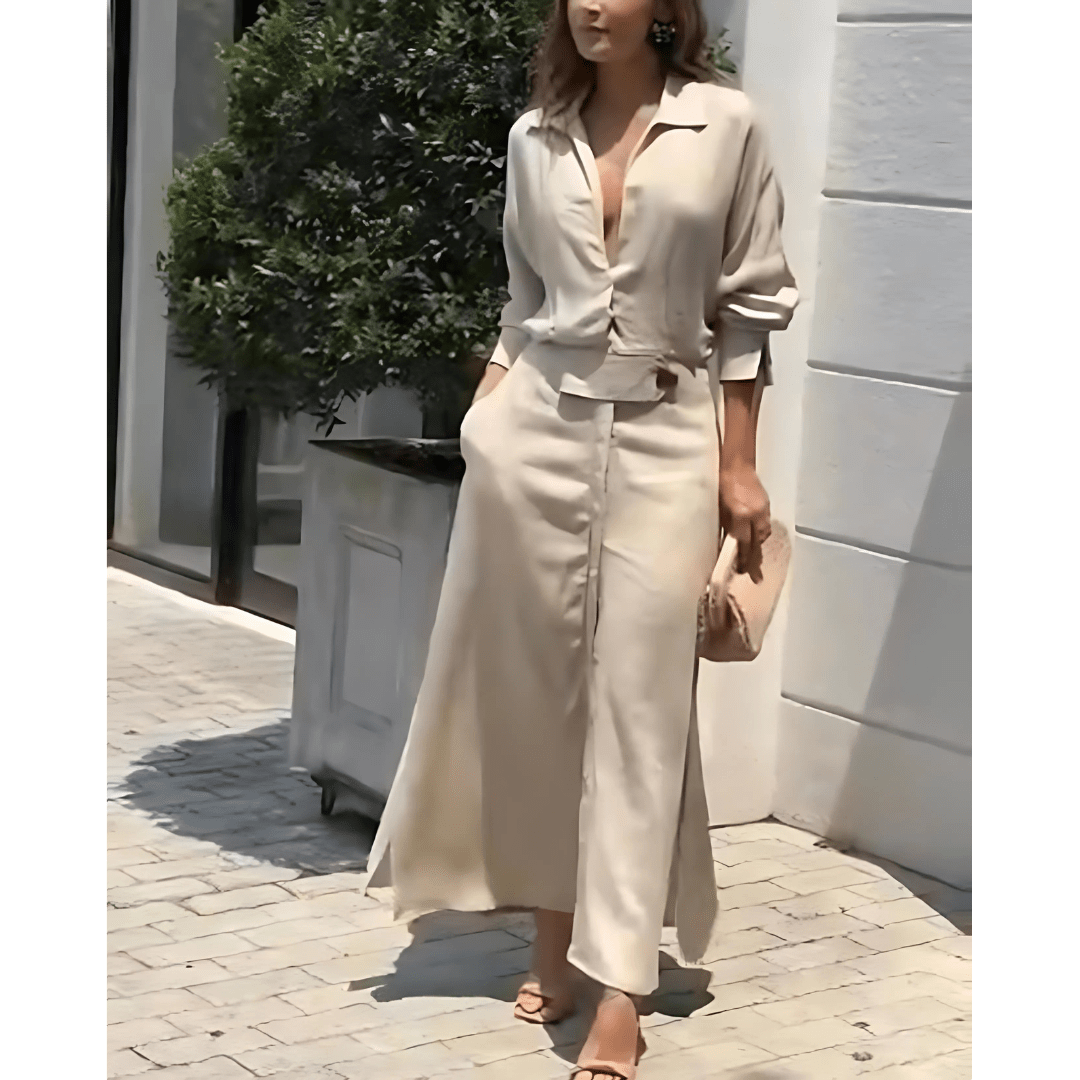 Barbara | Sukienka maxi z bawełny i lnu z guzikami i paskiem w talii - Kup online w Loafis