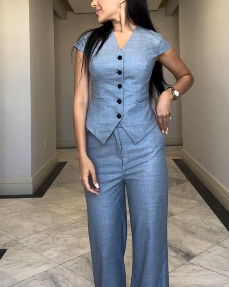 Roksana | Top z dekoltem w serek i spodnie w zestawie - Kup online w Loafis