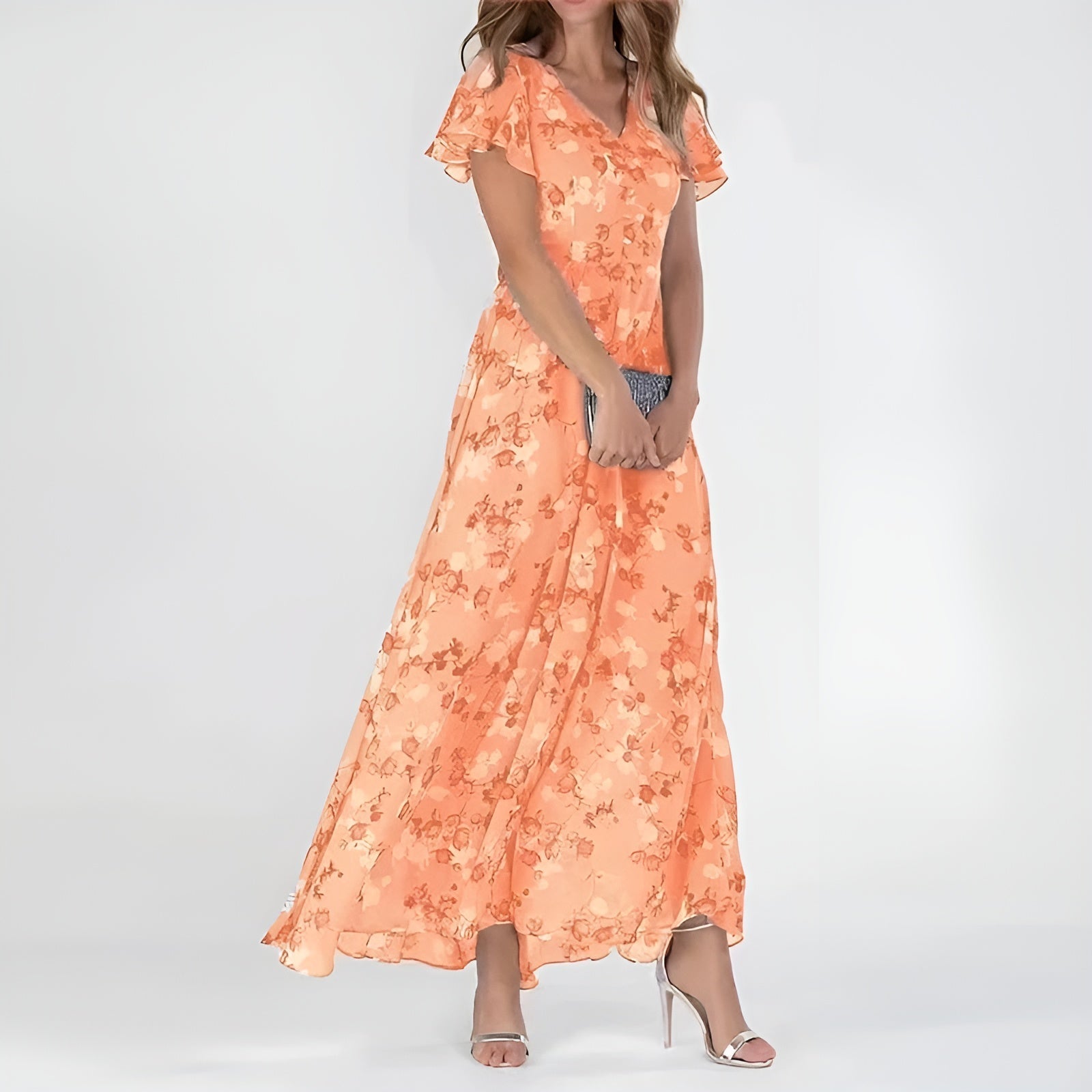 Rozalia | Elegancka sukienka maxi w kwiaty z falbanowymi rękawami - Kup online w Loafis