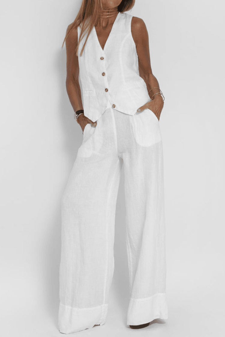 Tatiana | Elegancki dwuczęściowy damski top zapinany na guziki ze spodniami - Kup online w Loafis