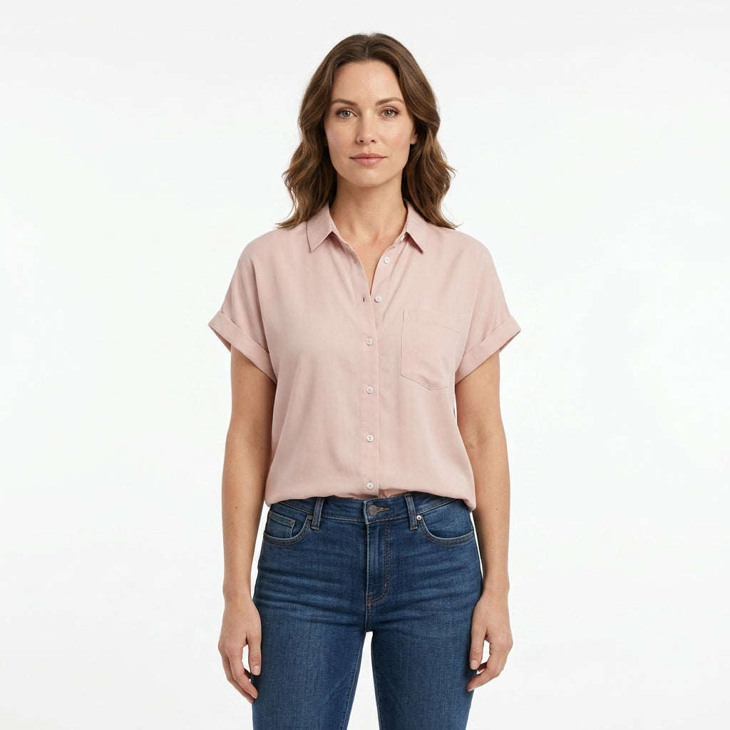 Button Front Rolled Sleeve Blouse For Women