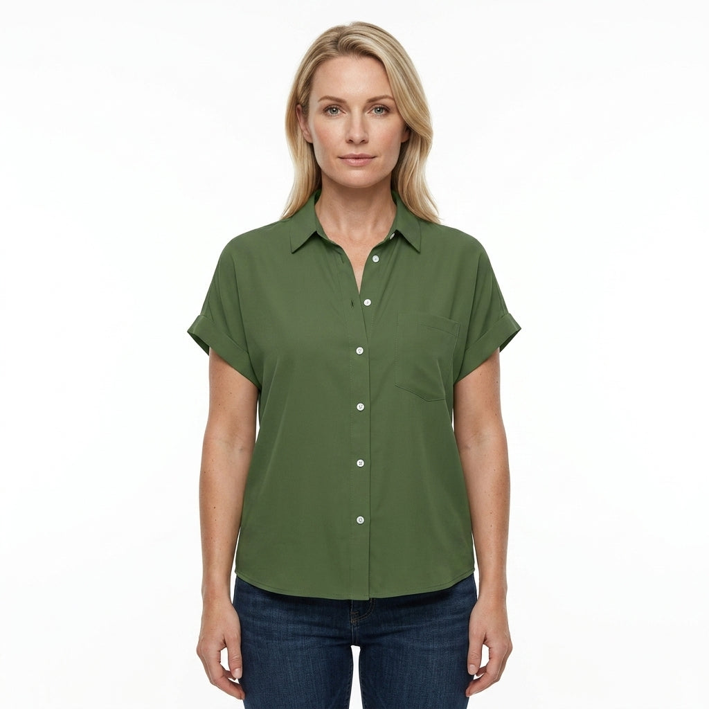 Button Front Rolled Sleeve Blouse For Women