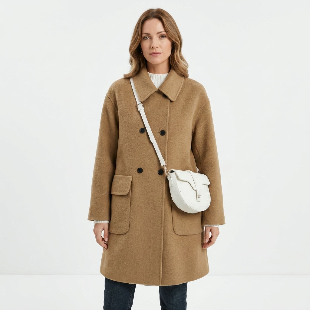 Tailored Double-Breasted Wool Blend Coat For Women