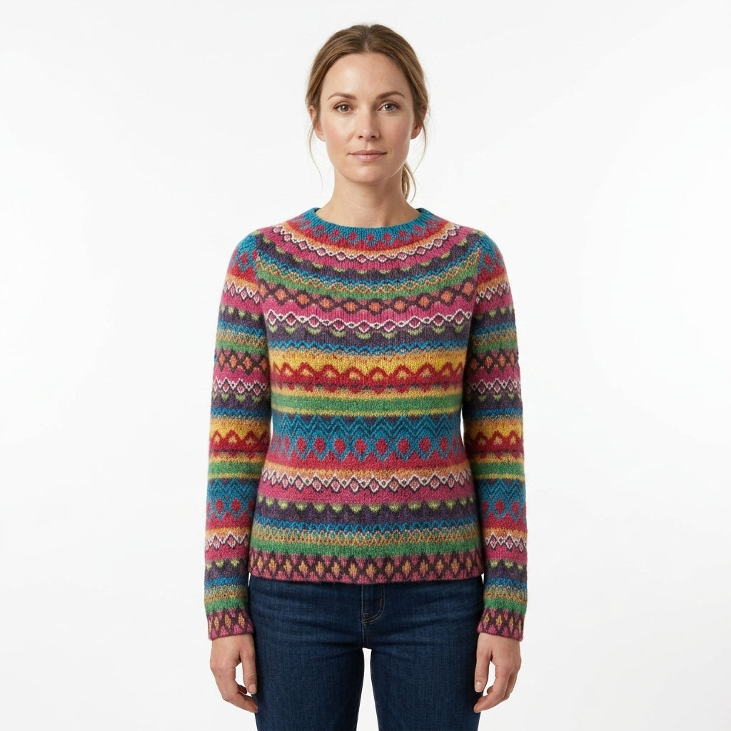 Colourful Jacquard Round Neck Sweater For Women