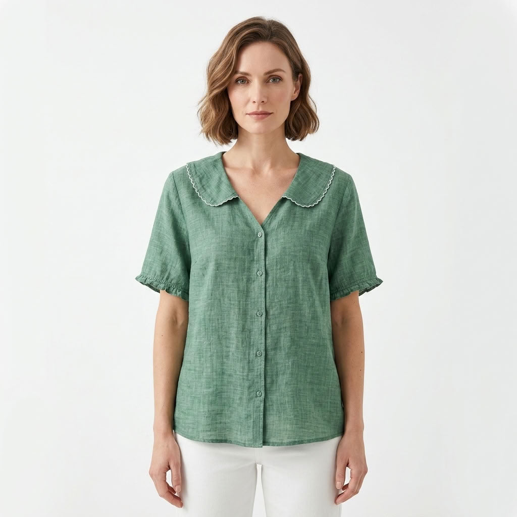 Ruffle Collar Linen Shirt For Women