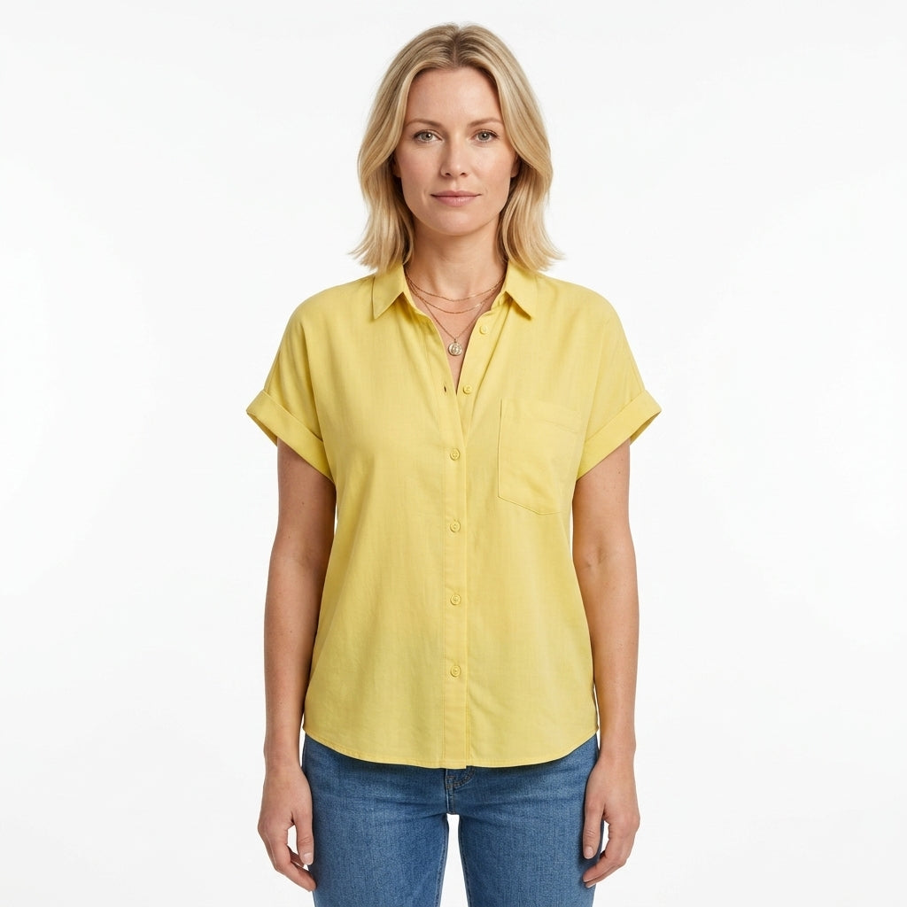 Button Front Rolled Sleeve Blouse For Women