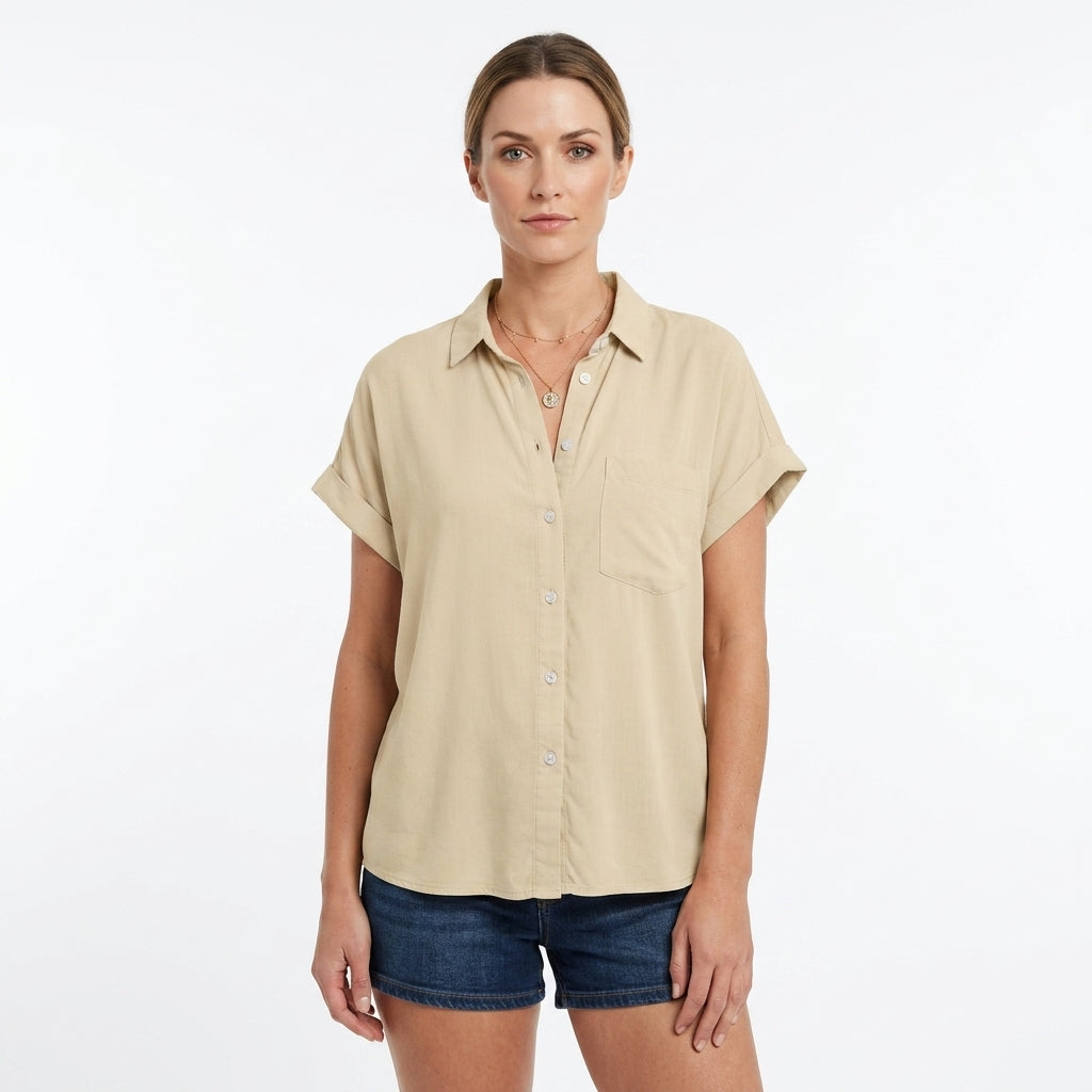 Button Front Rolled Sleeve Blouse For Women