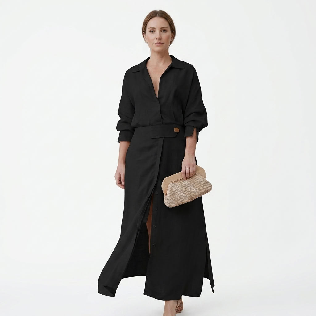 Belted Cotton Linen Shirt Dress For Women