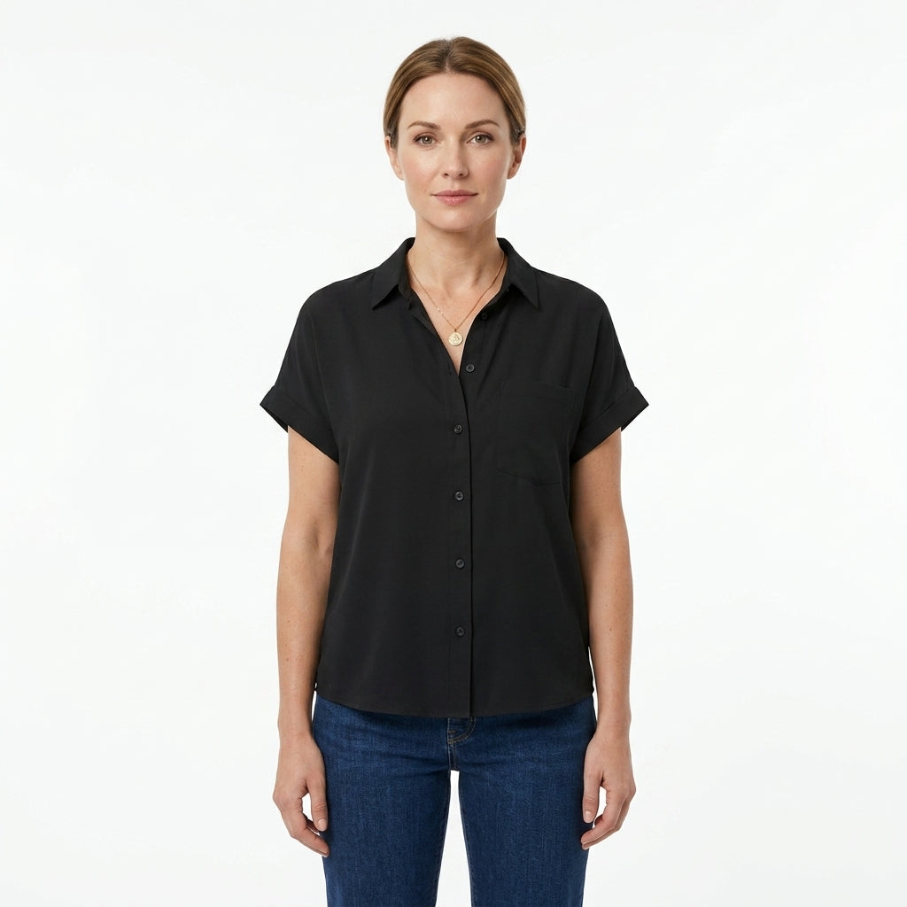 Button Front Rolled Sleeve Blouse For Women