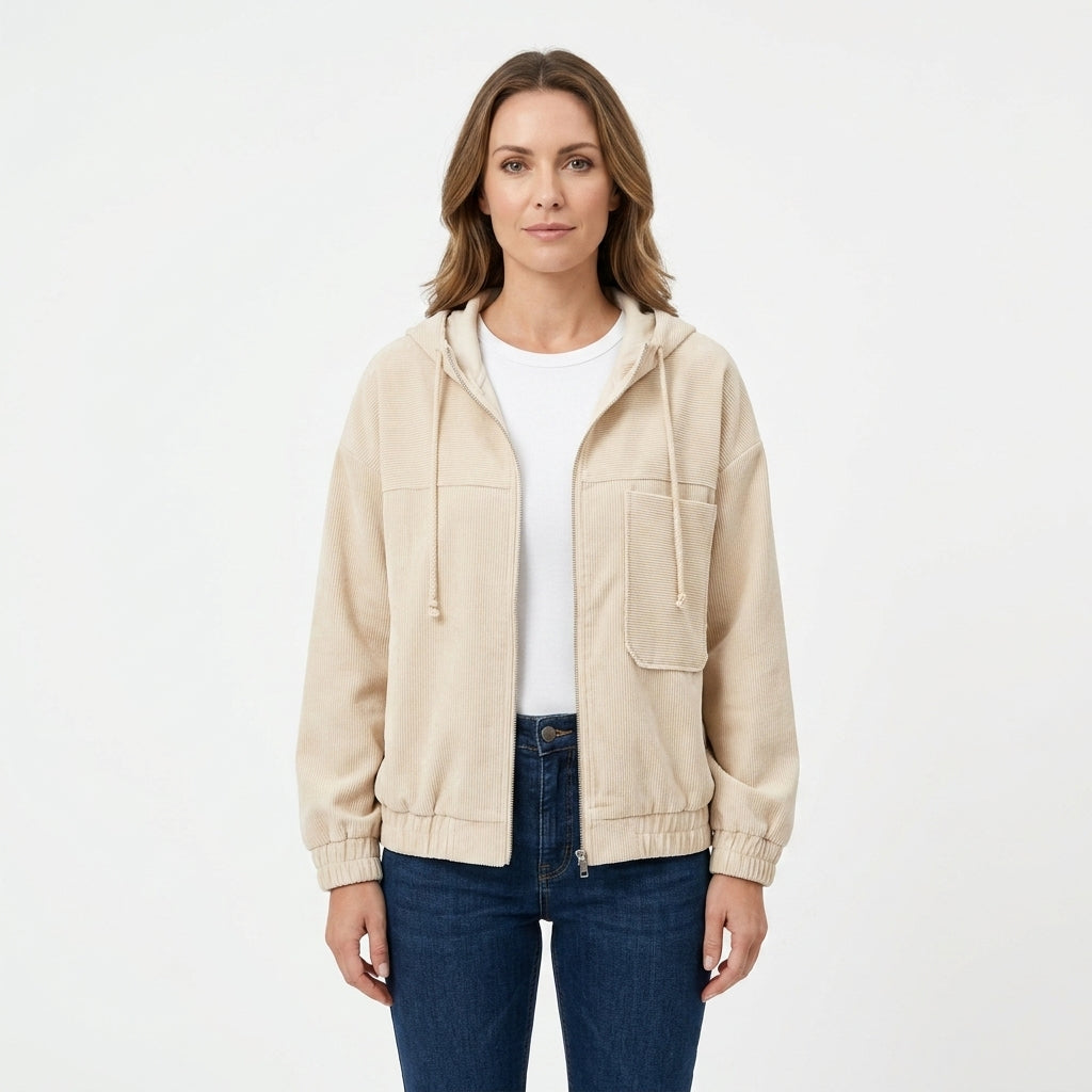 Corduroy Hooded Zip Jacket For Women