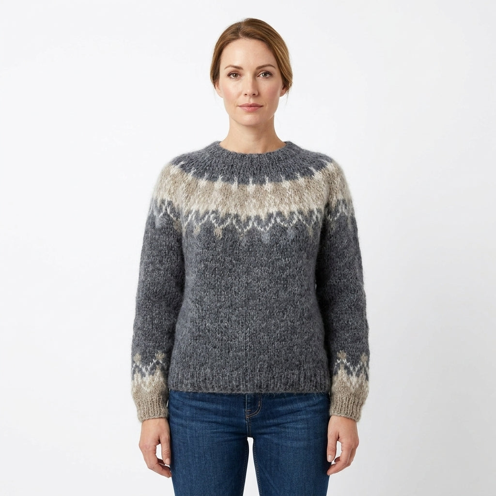 Colourful Crew Neck Patterned Sweater For Women