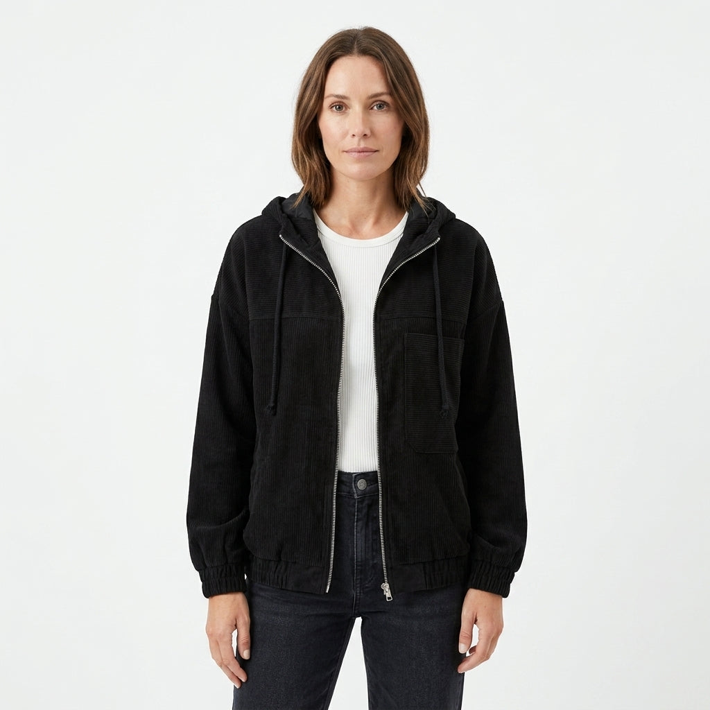 Hooded Corduroy Zip Jacket For Women