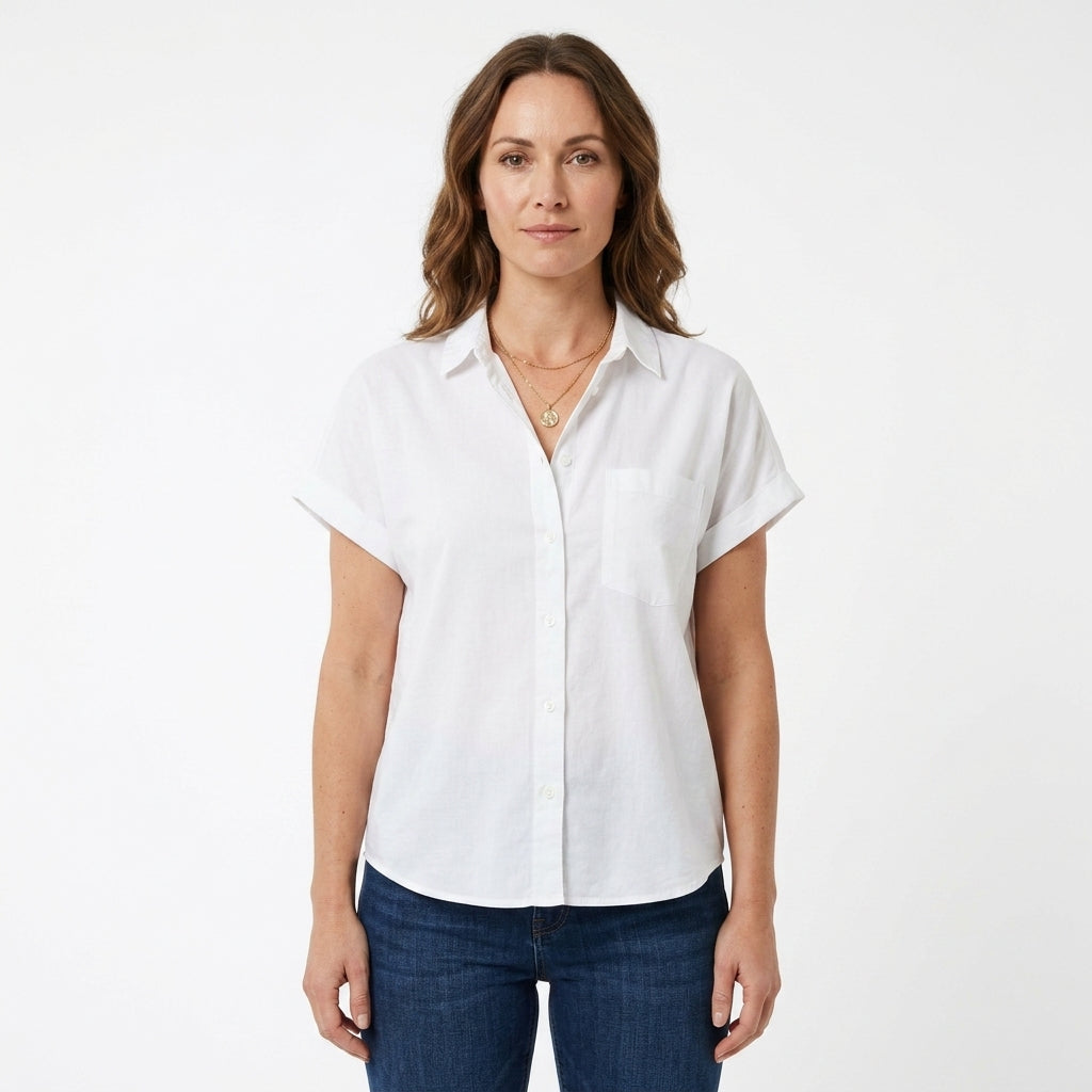 Button Front Rolled Sleeve Blouse For Women
