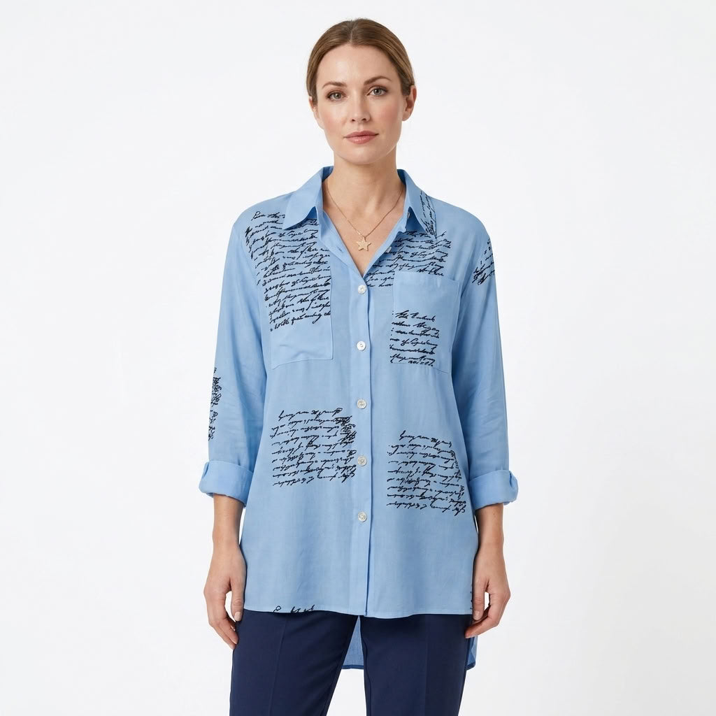 Handwriting Print Button-Up Shirt For Women