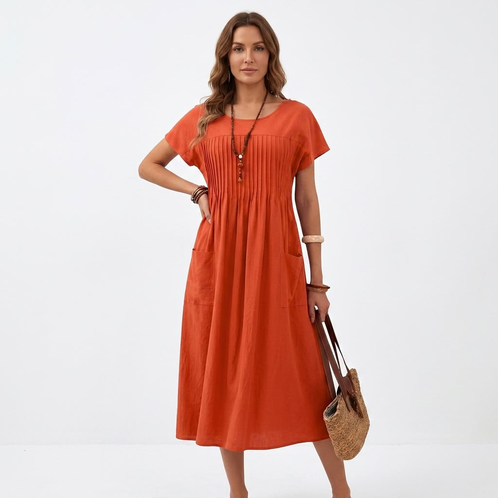 Pleated Cotton Linen Day Dress With Pockets For Women