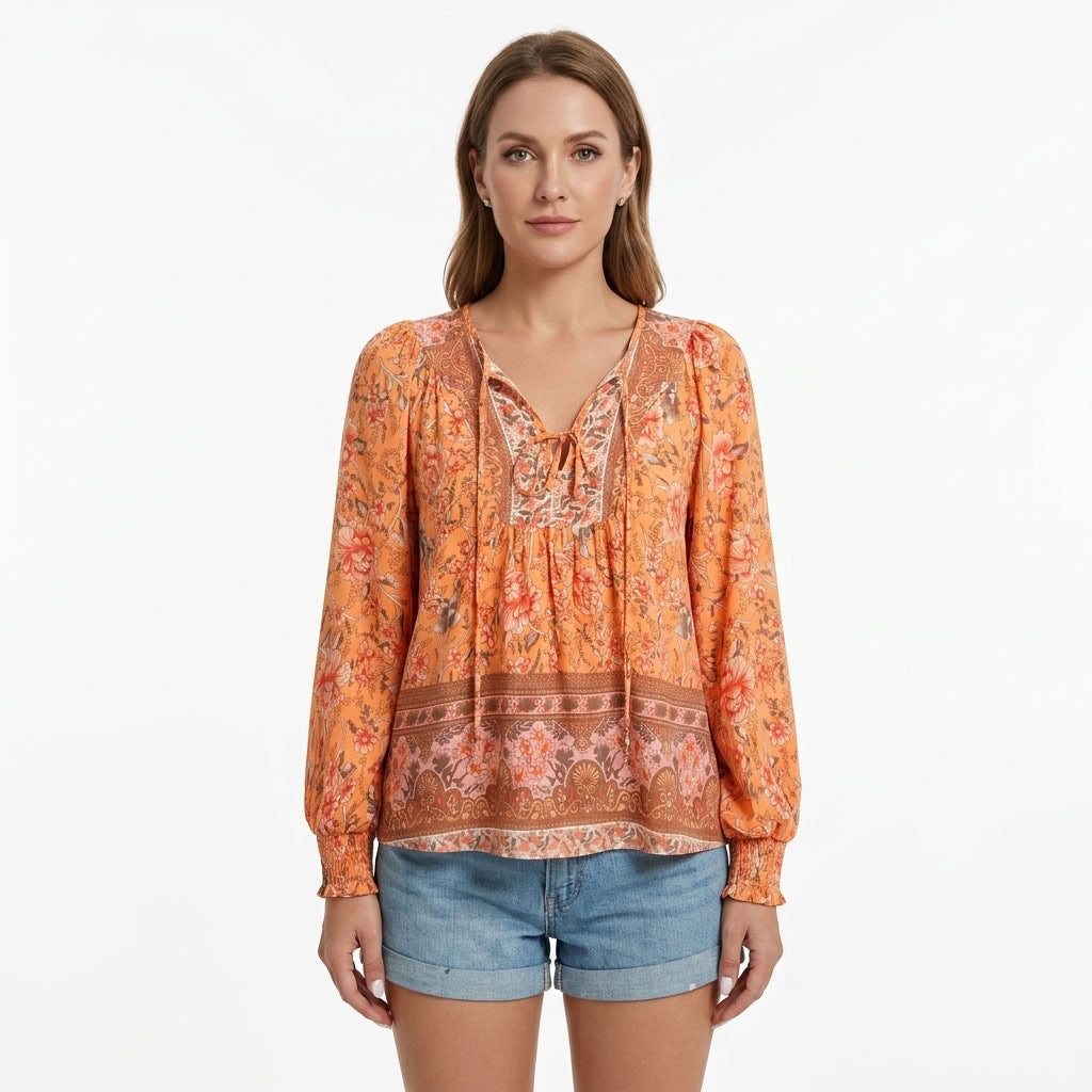 Boho Floral Tie Front Blouse For Women