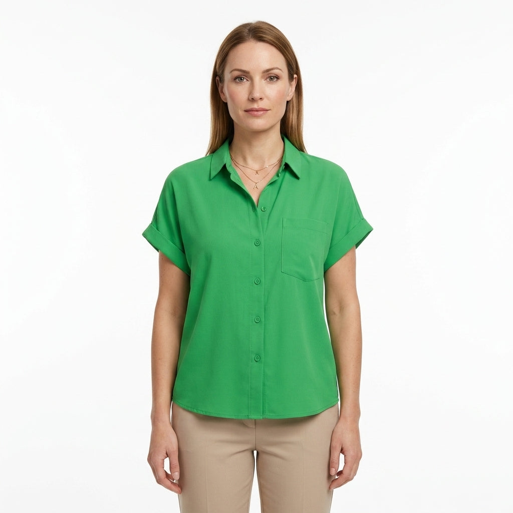 Button Front Rolled Sleeve Blouse For Women