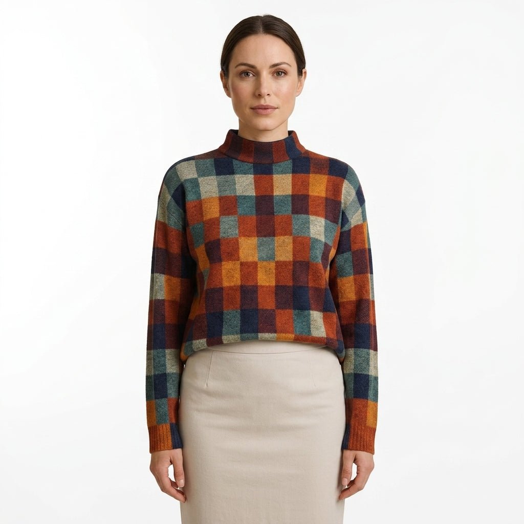 Colourful Plaid Mock Neck Sweater For Women