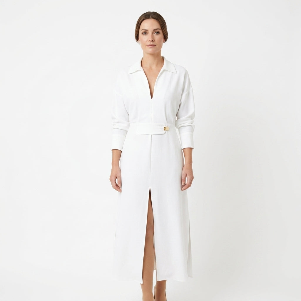 Belted Cotton Linen Shirt Dress For Women