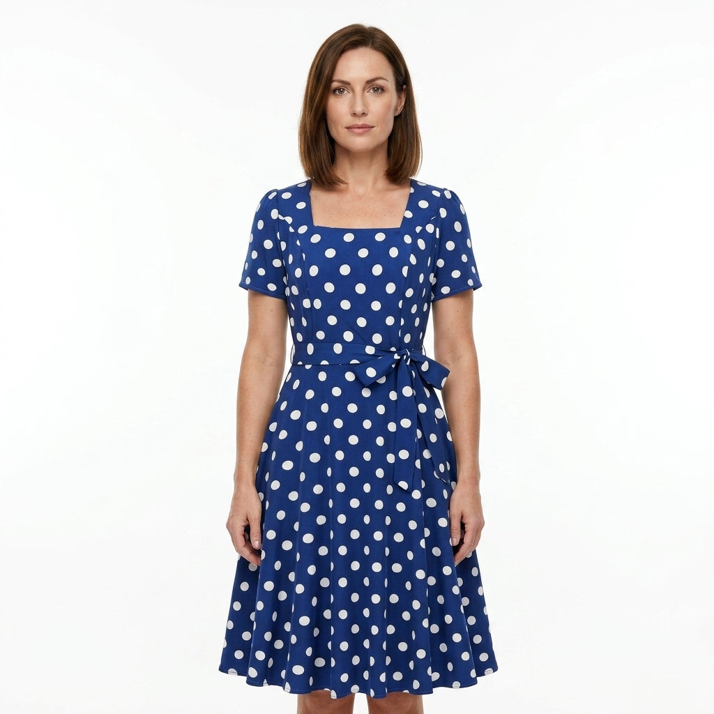Square Neck Polka Dot Belted Style For Women