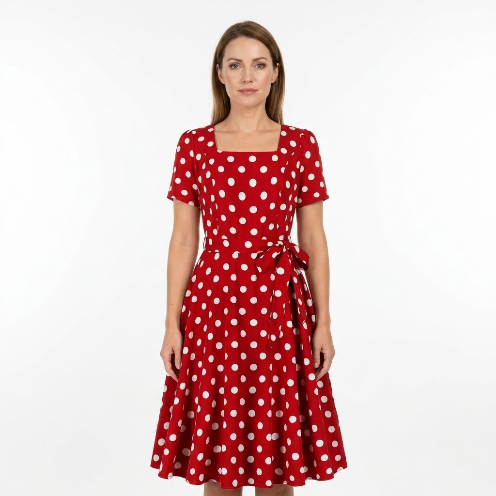 Elegant Square Neck Belted Dress For Women