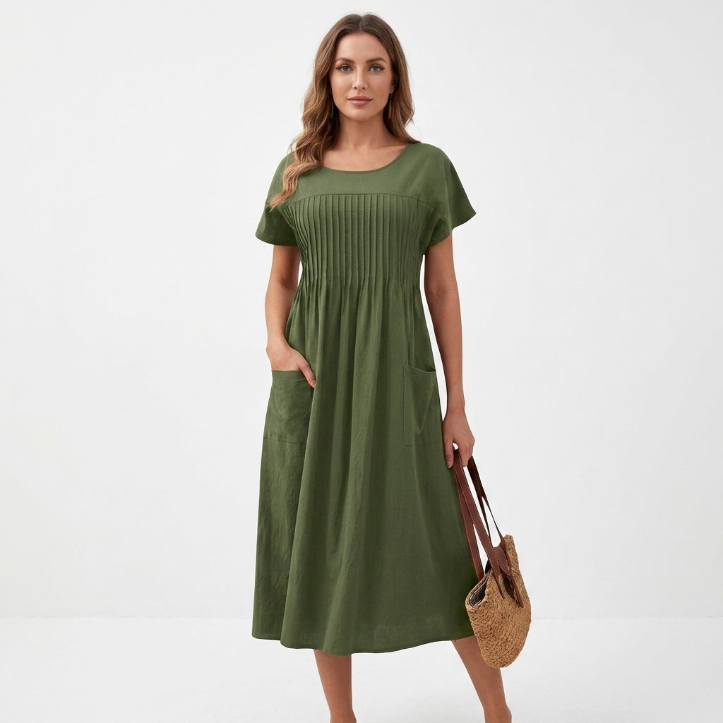 Pleated Cotton Linen Day Dress With Pockets For Women
