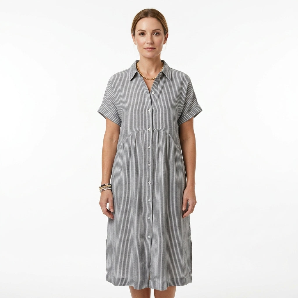 Striped Button-Down Maxi Shirt Dress For Women