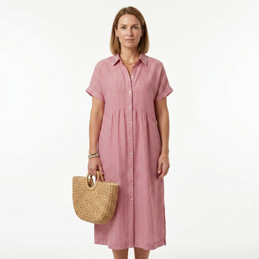 Striped Button-Down Maxi Shirt Dress For Women