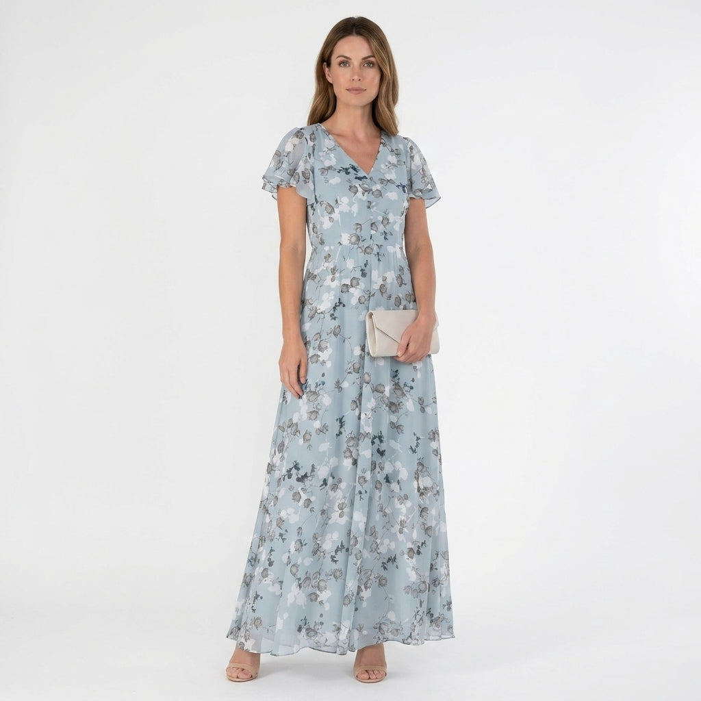 Floral Ruffle Sleeve Chiffon-Look Maxi Dress For Women