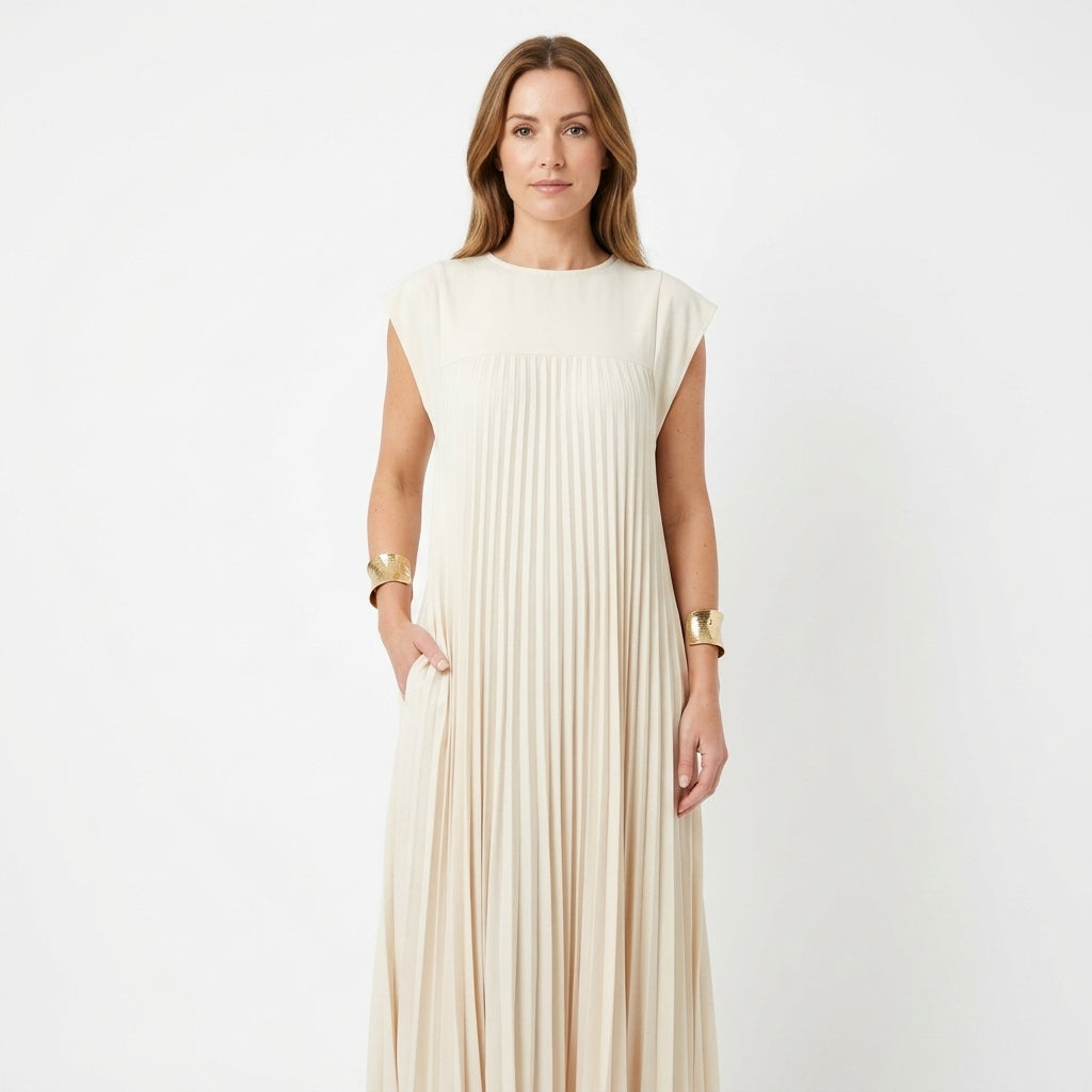 Sleeveless Pleated Straight Dress For Women
