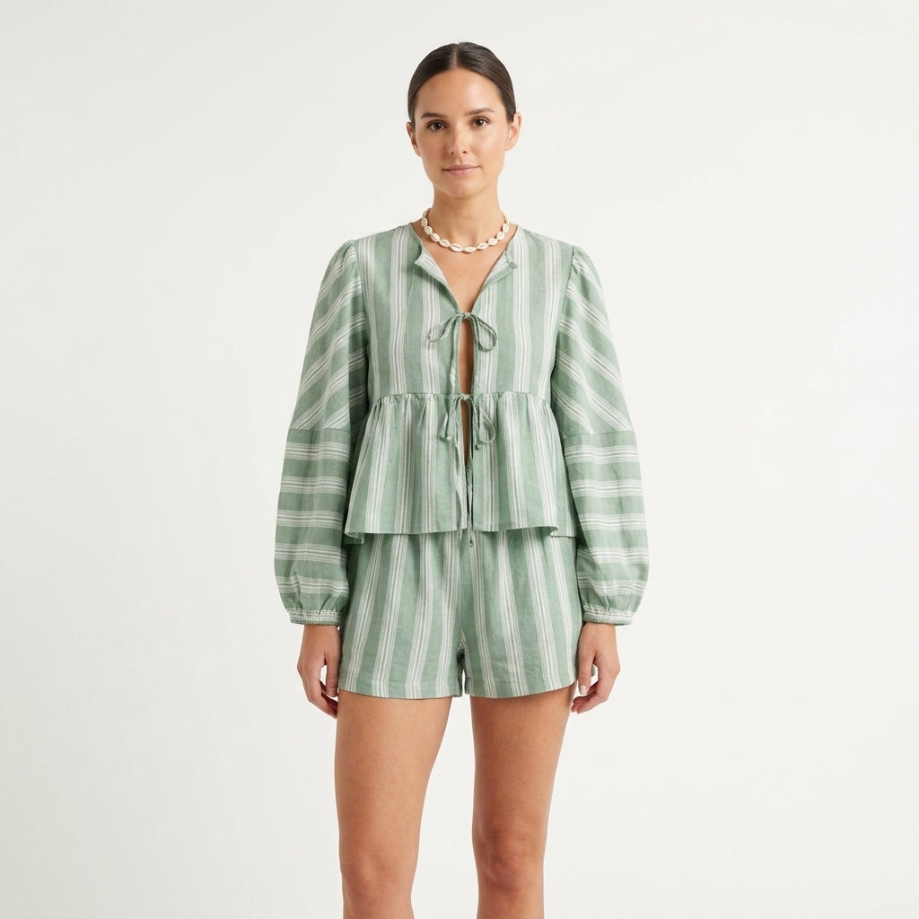 Striped Cotton Blouse And Shorts Set For Women