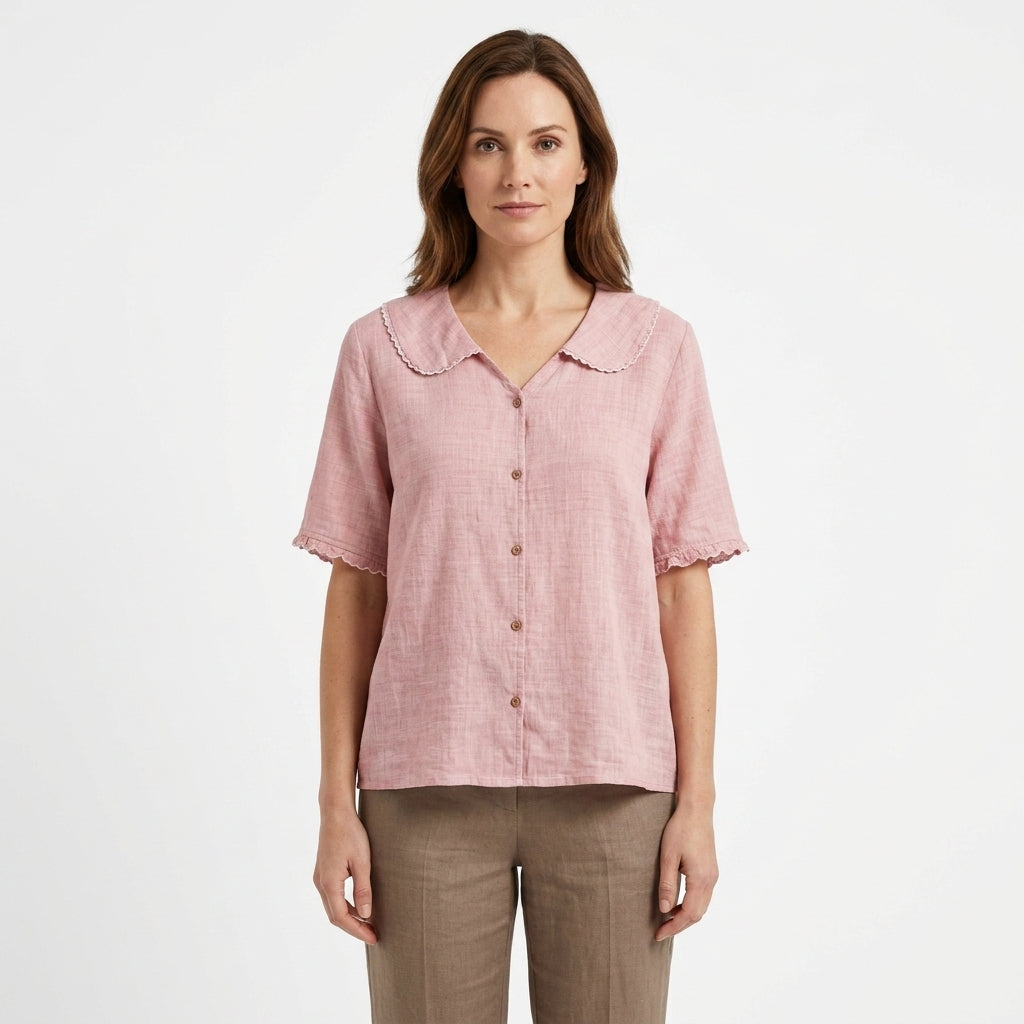 Ruffle Collar Linen Shirt For Women