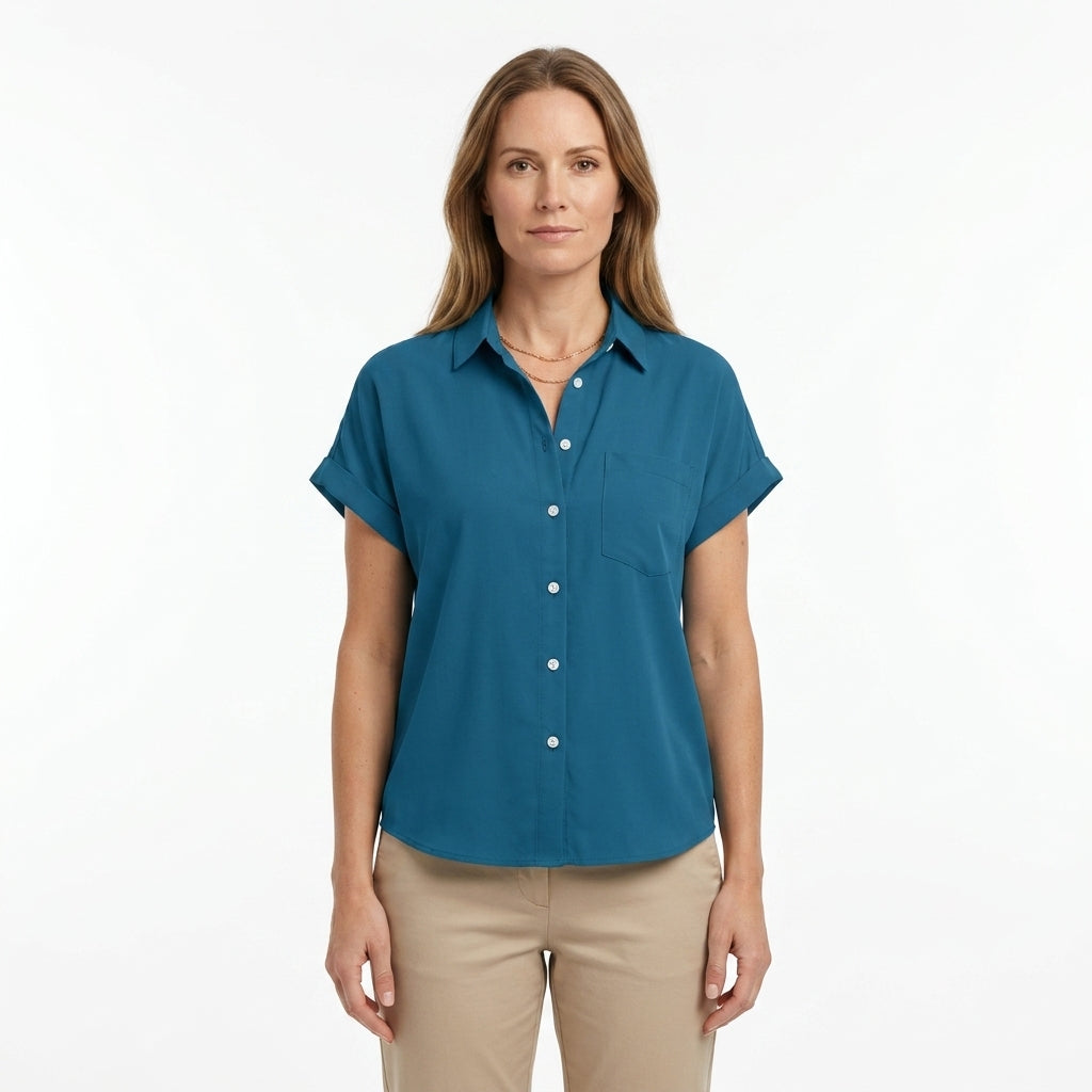 Button Front Rolled Sleeve Blouse For Women