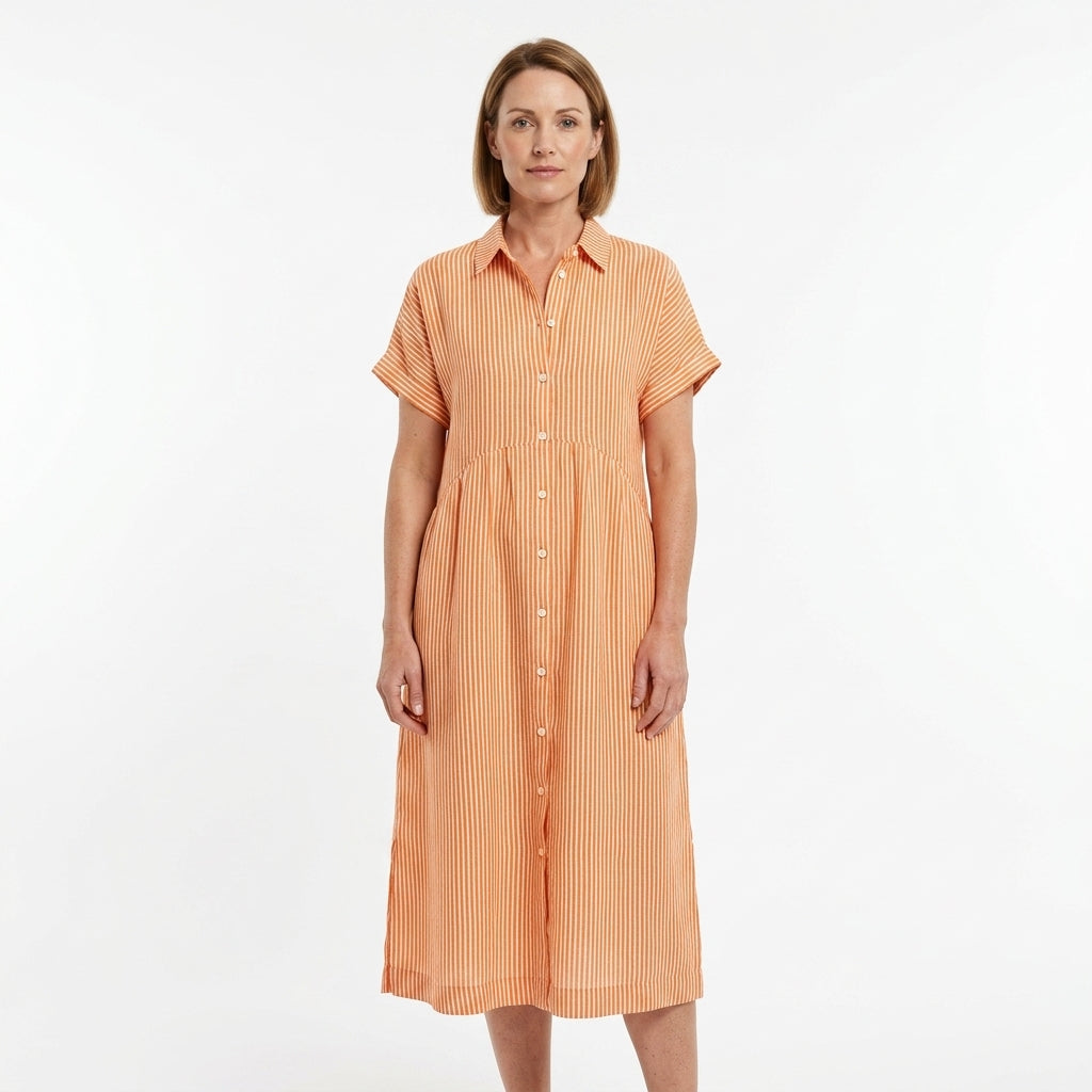 Striped Button-Down Maxi Shirt Dress For Women