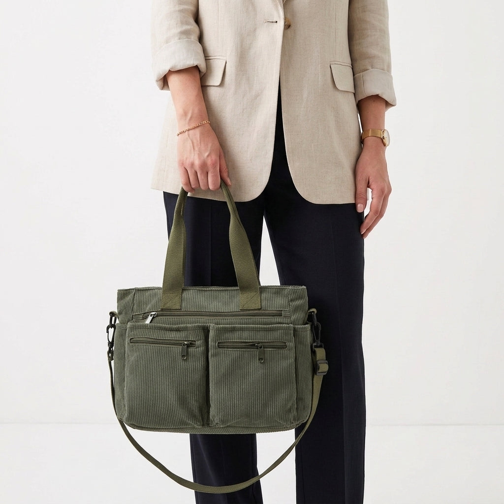 Corduroy Multi-Pocket Shoulder Bag For Women