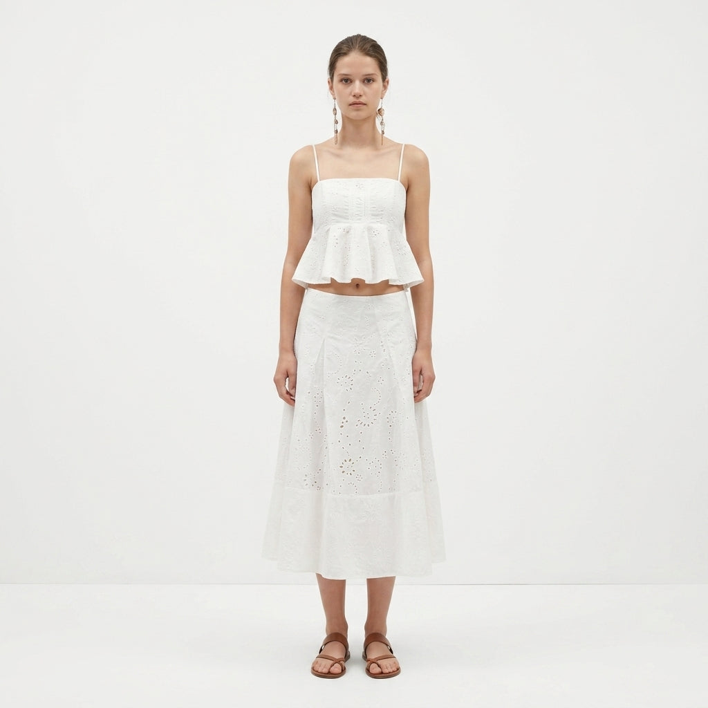 Embroidered Cotton Top And Midi Skirt Set For Women
