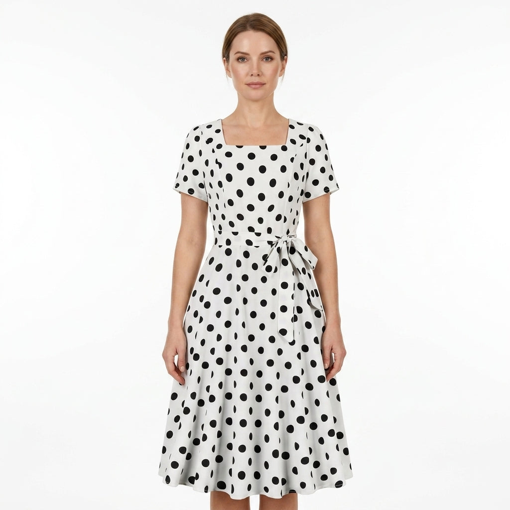 Square Neck Polka Dot Belted Dress For Women