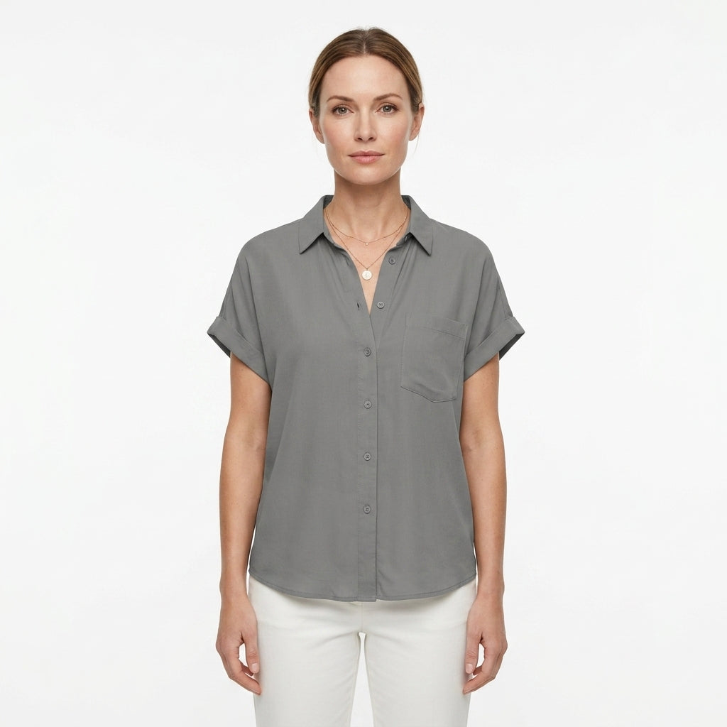 Button Front Rolled Sleeve Blouse For Women