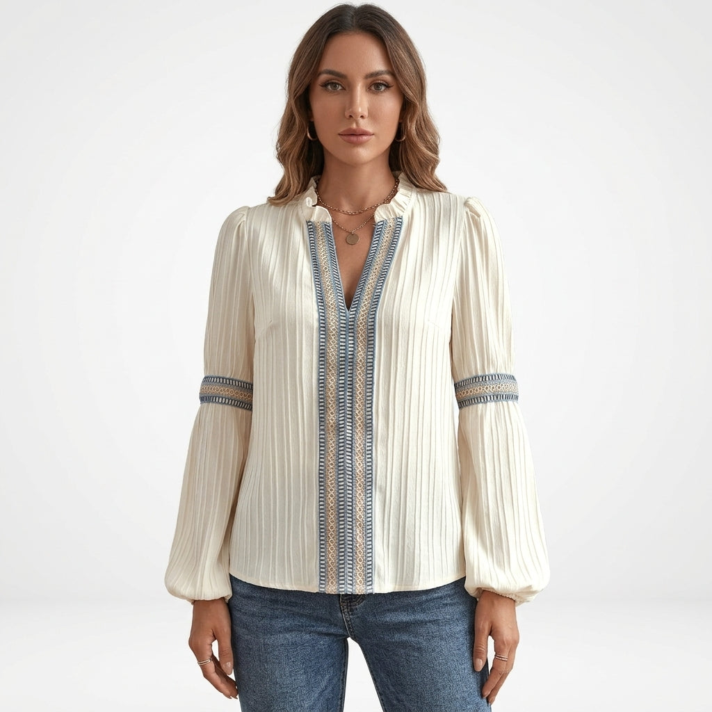 Embroidered V-Neck Casual Blouse For Women