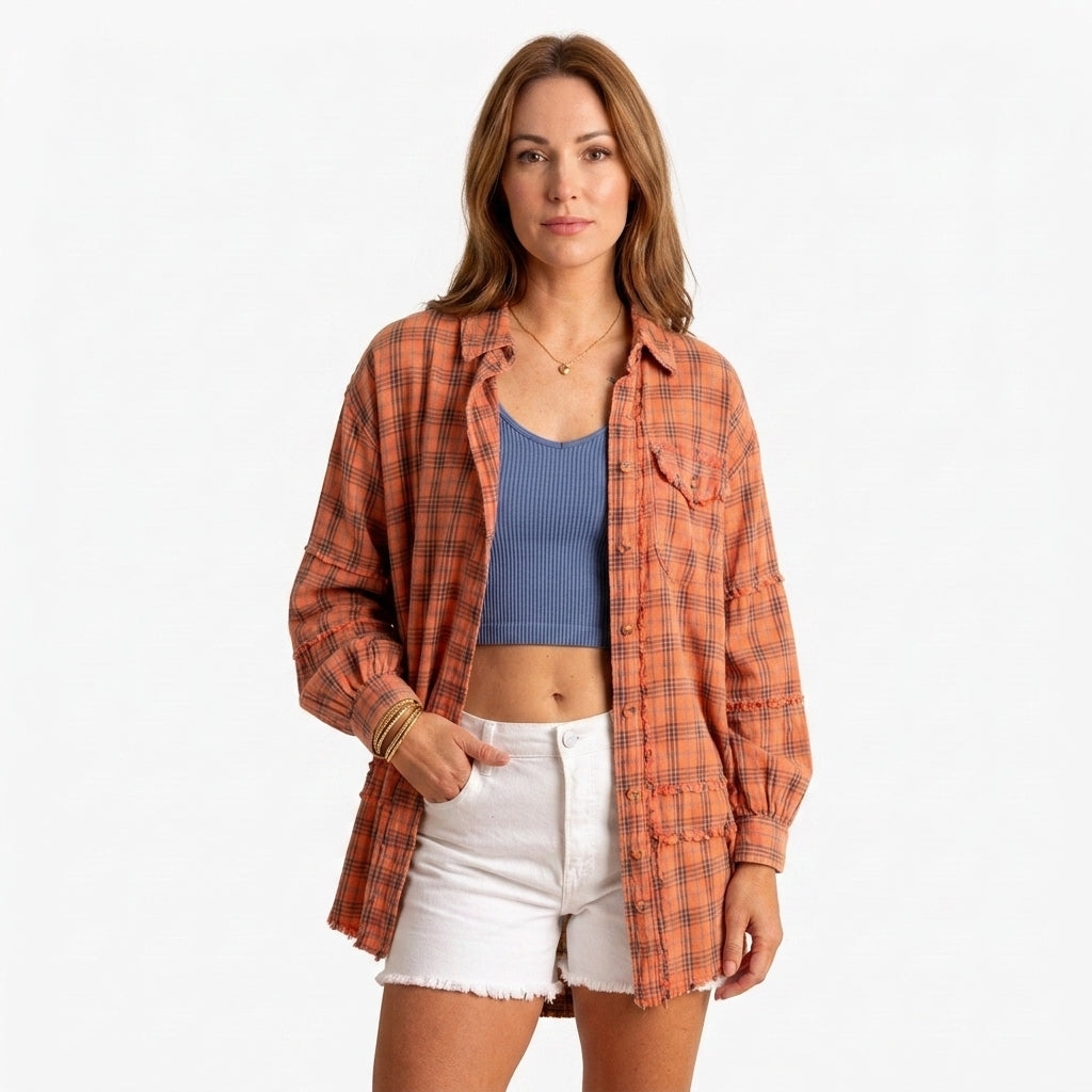 Oversized Washed Flannel Blouse For Women