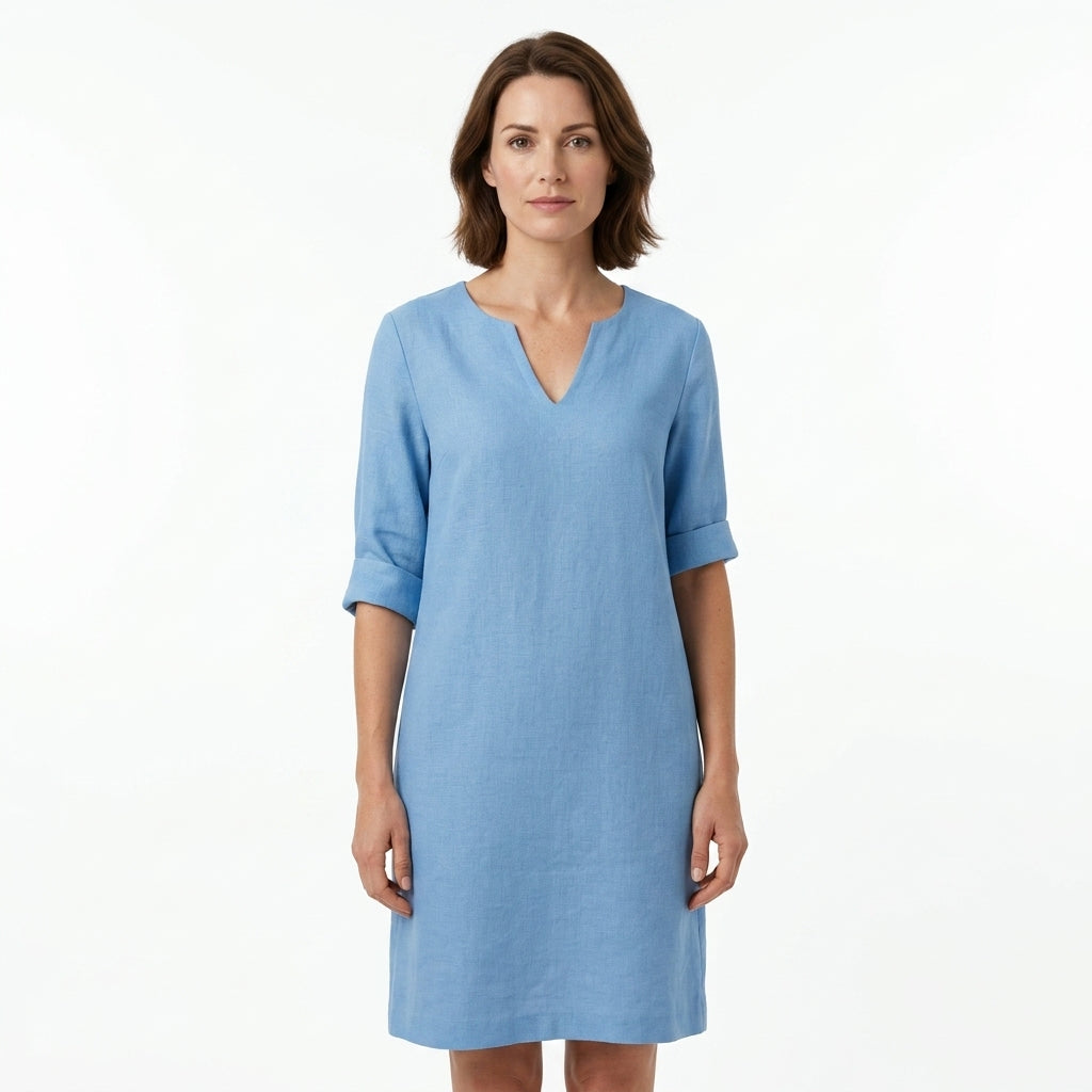 Linen Blend V-Neck Knee-Length Dress For Women