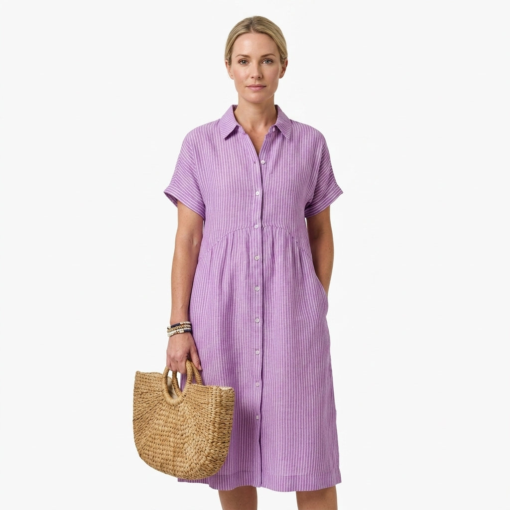 Striped Button-Down Maxi Shirt Dress For Women