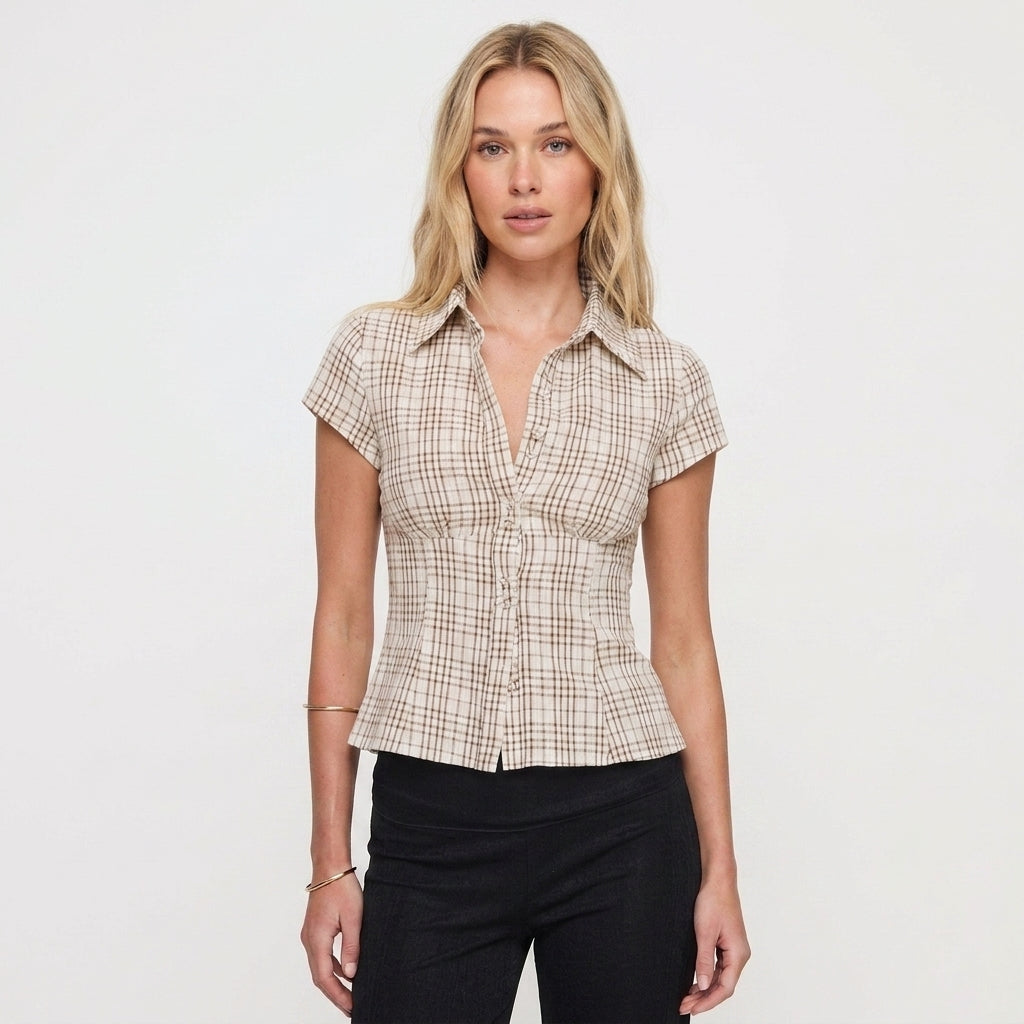 Check Pattern Tailored Blouse For Women