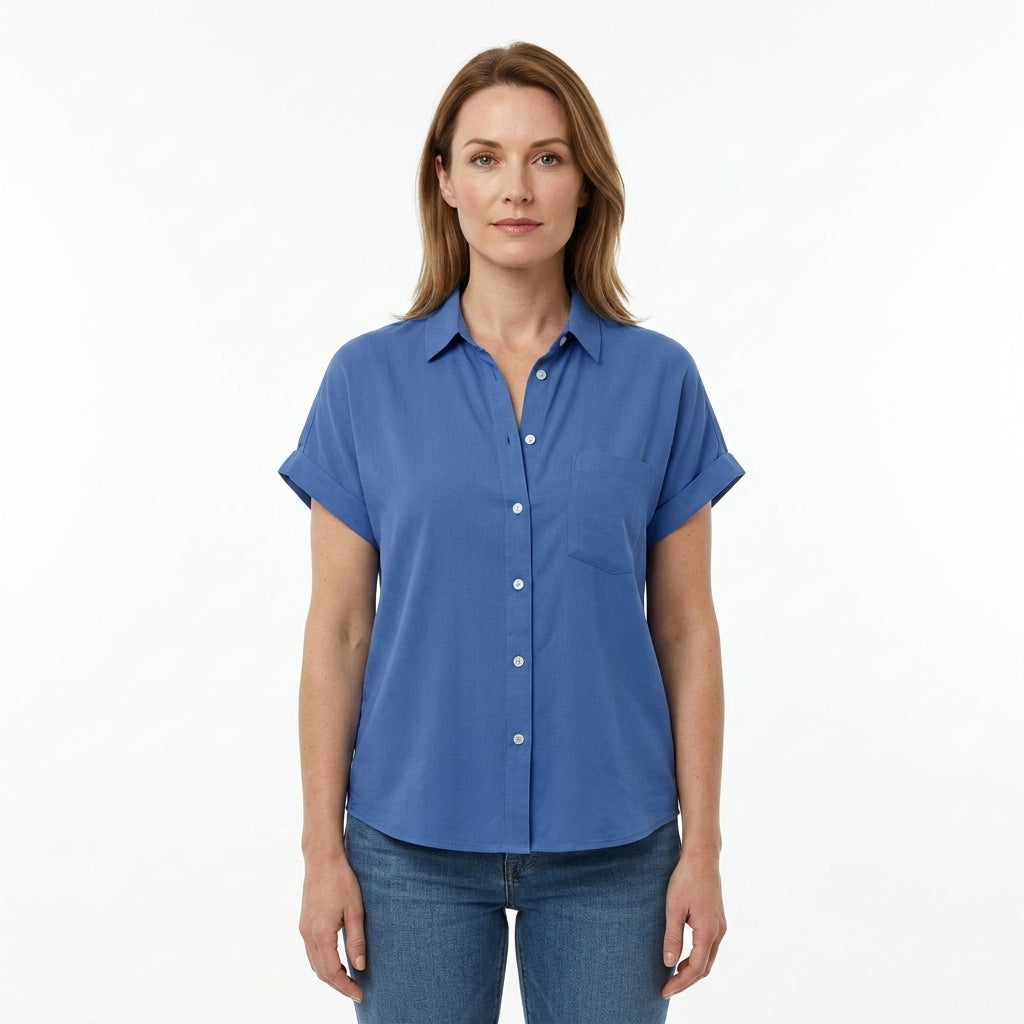 Button Front Rolled Sleeve Blouse For Women