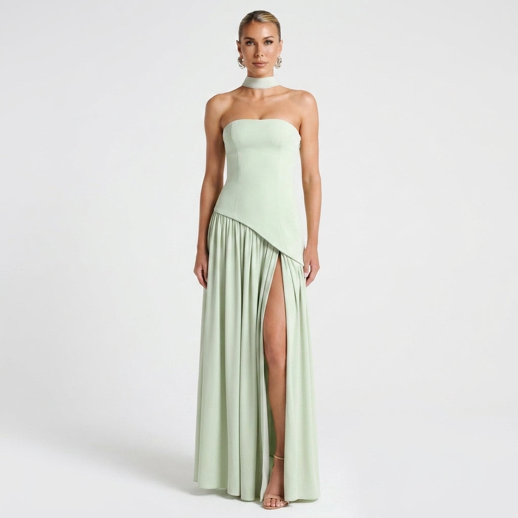 Strapless Corset Style Slit Gown For Women