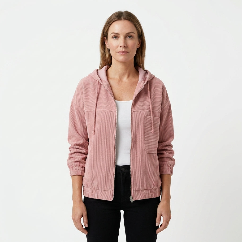 Corduroy Hooded Zip Jacket For Women