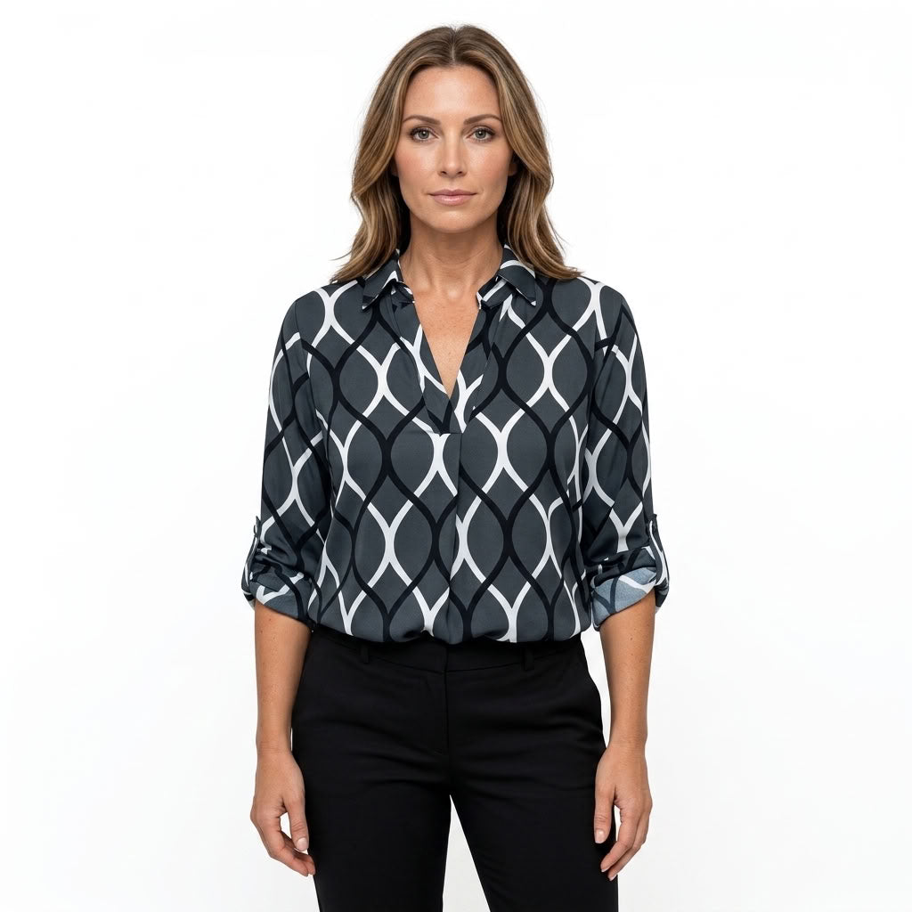 Geometric Print Collared Blouse For Women
