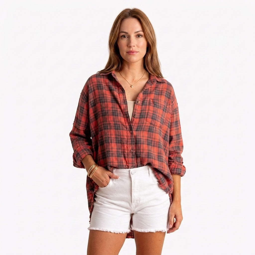 Oversized Washed Flannel Blouse For Women