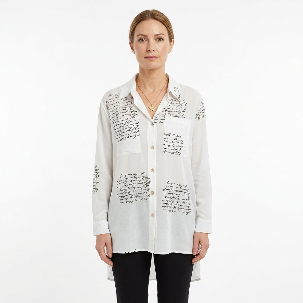 Handwriting Print Button-Up Shirt For Women