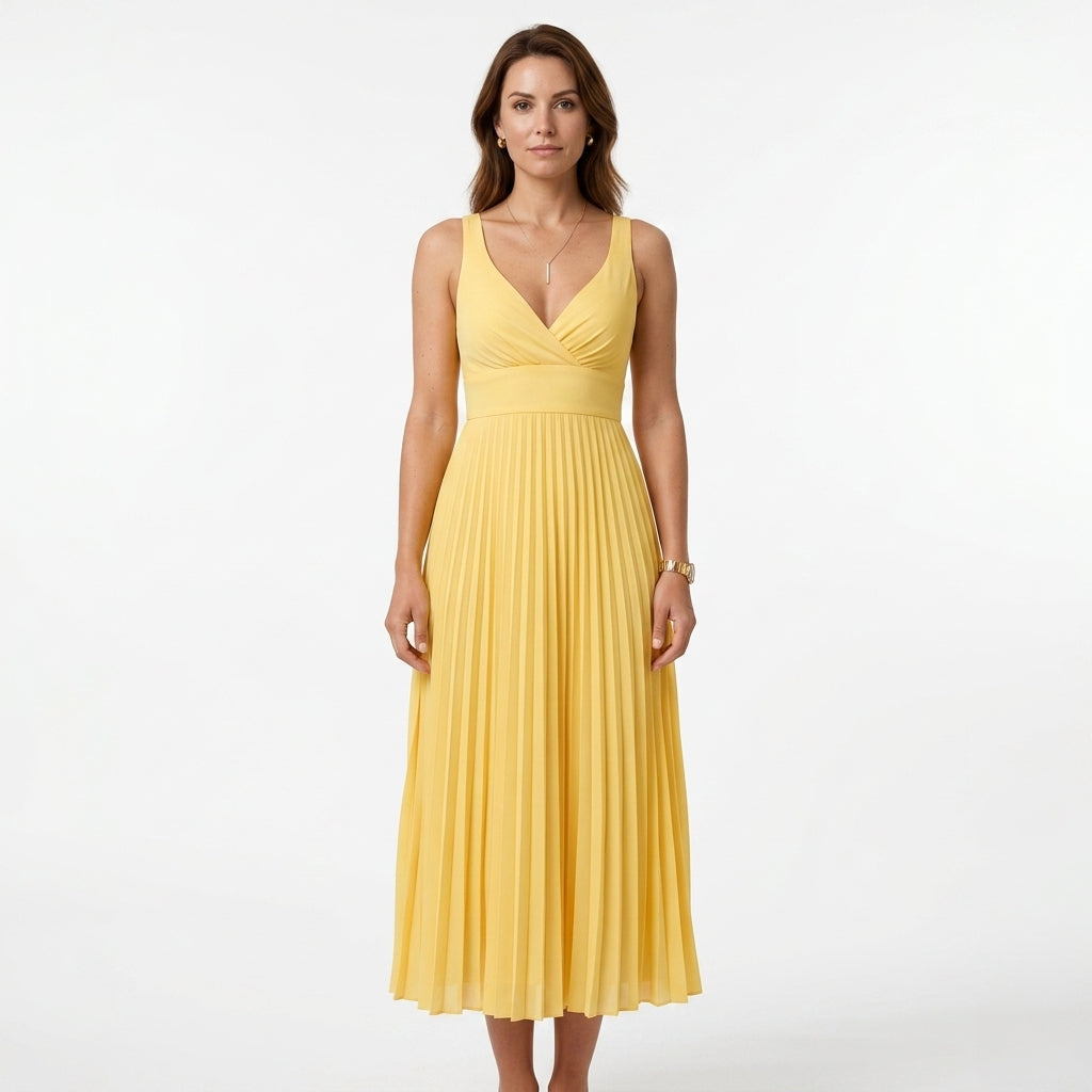 Yellow Pleated Cross-Back Midi Dress For Women
